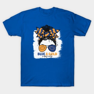 Blue and Gold Vibes Only Football Mom Messy Hair Gameday T-Shirt